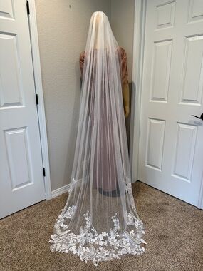 White Bridal Veil with Sparkly Floral Lace Appliqués